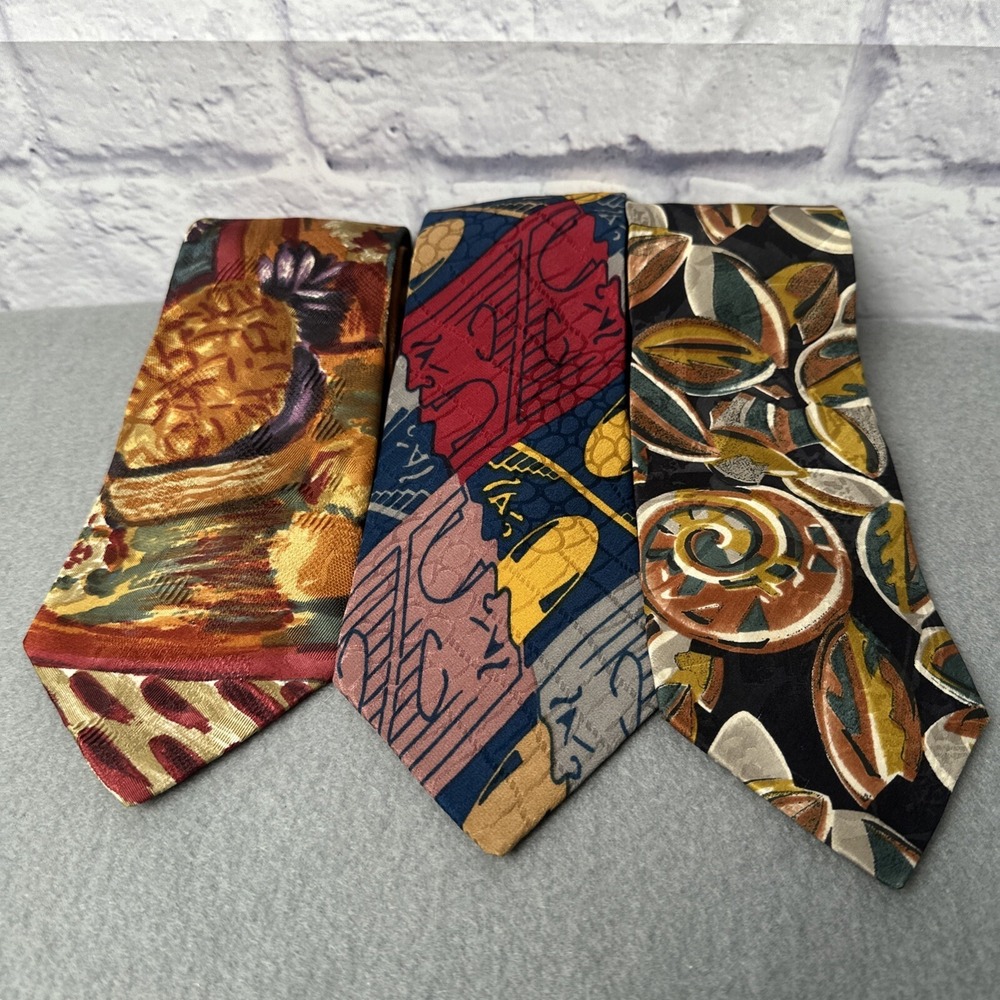 Vintage Silk Necktie 3.875" Carlos Falchi Guy Laroche Art Deco Abstract LOT OF 3